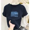Camiseta de Manga Corta de Algodón Puro Azul Marino con Hombros Rectos para Mujer, Moderna y Versátil, Elegante y Rejuvenecedora, Top de Tejido Grueso Cepillado, Nuevo Modelo 2026