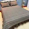 Cobre de Cama de Renda Francesa, Saia de Cama Acolchoada de Algodão Lavado para Todas as Estações, Manta Dupla Face, Conjunto de Lençóis de Tatami Lavável à Máquina de Três Peças
