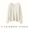 Suéter feminino de gola V solto de manga longa, tricotado em ponto trançado de cashmere, novo para outono e inverno, slim fit, versátil, camisa base de malha de cashmere