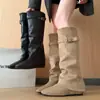 Botas de Cuero Apiladas de Ante con Aumento de Altura para Mujer, Otoño/Invierno, Nuevas, Botas de Jinete con Hebilla de Cuero, Botas Largas por Encima de la Rodilla de Uso Bidireccional