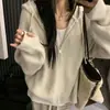 Jaqueta Suéter com Capuz e Zíper de Alto Padrão Estilo Relaxado para Mulheres Outono e Inverno 2025 Novo Cardigan de Tricô Solto