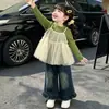 Conjunto de tres piezas de malla con tirantes de lunares estilo coreano para niñas, atuendo de moda nuevo para primavera y otoño 2026 para niñas pequeñas