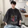 Camiseta de hiphop lavada y desgastada de alta calidad europea y americana para hombre, verano, Costa Oeste Americana, algodón, pesada, retro, manga corta