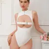 Body Sexy Colado Brilhante Branco Doce Quente Puro Desejo Decote Alto Tentação Feminino Estilo Europeu Americano Não Precisa Tirar
