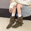 Botas de mujer con tacón grueso, botas de ante caqui vintage de altura media, botas western de tacón apilado, zapatos de mujer, botas de montar estilo francés de otoño