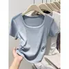 Camiseta Morada de Algodón Puro con Cuello Cuadrado, Corte Entallado, Manga Corta para Mujer, Nueva Llegada de Verano, Color Sólido, Cintura Ceñida, Corta, Hombro Normal