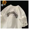Camiseta Casual Solta Versátil Estilo Casal Unissex Estampa de Letras Tendência Verão Manga Curta Retro Americano