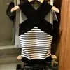 Top de punto halter con tiras cruzadas, diseño a rayas blancas y negras, estilo puramente seductor para mujer, nuevo diseño primavera/verano, top de moda, talla única