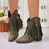 Comércio Exterior Transfronteiriço plus size outono e inverno novas botas western cowboy de camurça vintage com saltos grossos, tachas e franjas para mulheres
