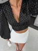 Nueva Camisa Sexy de Satén con Cuello en V Otoño e Invierno, Camisa Retro de Manga Larga con Lunares, Top Adelgazante con Cintura Marcada y Mangas de Farol