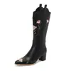 Otoño Invierno 2026 Botas Largas Simples Cómodas Europeas y Americanas Tacón Grueso Bordado Tradicional Moda Hasta la Rodilla Cremallera Botas de Mujer Comercio Exterior