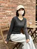 Camiseta térmica de cuello redondo para mujer, otoño e invierno, ajuste ceñido, moda casual, prenda interior, camiseta de manga larga con hombros normales para niñas