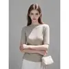 Estilo Simples Ajustado Gola Redonda Meia-Alta Manga Cinco Pontos Cor Sólida Malha Top Feminino Versátil Novo Estilo 2026 25808