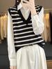 Nuevo Chaleco de Punto para Mujer Otoño e Invierno 2024 Rayado Blanco y Negro Chaleco Jersey Chaleco Suelto Estilo Coreano Lazy Cuello en V