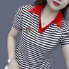 Camiseta de Manga Curta Nova Plus Size Feminina Pura Polo com Gola Listrada Cor Contrastante Estilo Western Casual Versátil Top Tendência