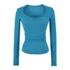 Top Básico de Manga Larga Adelgazante con Cuello en U Grande Estilo Puro Deseo para Mujer Primavera y Otoño Chica Picante Cintura Fruncida Elástica Camiseta
