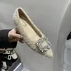Sapatos Pelúcia Bico Fino 4cm com Strass, Preto, Adequados para Combinar com Saias, Salto Escondido, Sapatos de Algodão Femininos, Modelo 2025