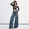 Jeans de Lino Azul Profundo con Estampado Plateado Caliente de Cintura Alta con Felpa para Mujer 2026 Otoño/Invierno Nuevo Estilo Adelgazantes Casuales Sueltos