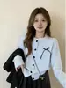 Cárdigan de punto casual estilo coreano con diseño de patchwork de encaje para mujer, nuevo suéter top ajustado con corbatín para otoño e invierno