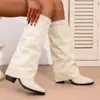 Botas de Pantalón de Caña Alta con Punta Aguda de Gran Tamaño de Comercio Exterior Estilo Europeo y Americano 2025 Otoño Plisadas de Tacón Grueso Botas de Moda de Tacón Alto para Mujer