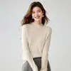 Suéter de Tricô 100% Caxemira para Mulheres, Estilo Novo Outono/Inverno 2026, Gola Alta Meia, Barra Enrolada, Cor Sólida