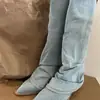 Botas vaqueras de tacón grueso con punta 2026 Nuevas Retro Versátiles Azules hasta la rodilla Botas de caña alta para montar
