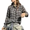 Nova camisa outonal feminina estilo coreano, com blocos de cor, gradiente escuro, xadrez, plissada, ombro a ombro, manga longa, com gola para mulheres