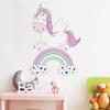 FX-F180 Lindo unicornio arcoíris morado con nubes, pegatinas de pared para habitación infantil, guardería y hogar.