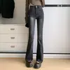 Jeans Cinza Cimento Retrô Micro-flare Feminino Outono e Inverno 2024 Novo Cintura Alta Emagrecedor Forrado com Lã Calça Ferradura