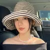 Nuevo Estilo Retro Francés~ Sombrero de Sol Plegable de Rayas de Ala Ancha para Verano, Elegante Sombrero Cubo Protector Solar para Mujer