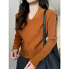 Suéter Pulóver de Punto Suave y Esponjoso Estilo Coreano Color Albaricoque con Cuello en V para Mujer Ropa de Otoño/Invierno Top Base Delgado y Favorecedor