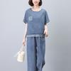 Traje de mezclilla de moda para mujer Verano 2024 Nuevo Madre de mediana edad Casual Delgado Pantalones anchos de ocho puntos Conjunto de dos piezas