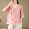 Real Shot Linen Top Verão Artístico Bordado V-Neck Moda Camisa Pequena Pulôver Plus Size Base Manga Curta Algodão Camisa De Linho