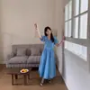 Vestido Azul de Mangas Abullonadas con Cuello en V Estilo Suave para Mujer, Nuevo Vestido Largo Elegante de Verano que Ceñe la Cintura Estilo Dopamina