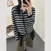 Cardigã de tricô listrado estilo coreano com gola redonda e manga longa para mulheres, soltinho e modelador, elegante top de outono