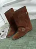 Botines cortos de ante caqui retro 2026 para mujer, botines de estilo francés, diseño nicho de otoño, botines western con tacón de bloque