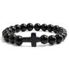 Pulsera Unisex Retro Elástica de Cruz Europea y Americana Religiosa Turquesa Piedra Volcánica de Vesícula Biliar Negra