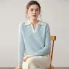 Suéter de Cashmere Liso com Gola Lapela e Color Block Estilo Preguiçoso para Mulheres, Suéter Base Tricotado, Blusa Pulôver Emagrecedora