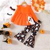 Traje de Halloween para niñas top pantalones acampanados estampados moda tesoro para mujer disfraz de dos piezas calabaza fantasma venta al por mayor