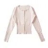 Cardigan de Malha Casual Básico com Botão Escondido e Gola Redonda Estilo Europeu e Americano Casaco Suéter Slim Novo para Outono para Mulheres