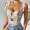 Top camisola com alça de gravata borboleta floral pintada a óleo Costura de renda top modelador de cintura em barbatanas Estilo europeu e americano top curto esculpido