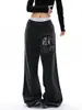 Calça Jogger Retro Americana com Estampa de Letras Desgastadas para Homens e Mulheres, Design Versátil Ampla e Solta Casual Calça Reta