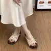 Sandálias Femininas de Verão com Solado Grosso, Estilo Slip-On com Laços, Chinelos de Uma Tira, Chinelos de Praia Estilo Coreano com Estampa Floral e de Bolinhas