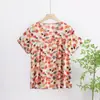 Camiseta Pulôver Solta de Algodão e Seda de Tamanho Grande para o Verão para Mães, Top de Algodão e Seda Estampado de Algodão Artificial de Manga Curta para Mães