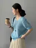 Suéter de Punto de Mohair de Manga Corta con Cuello Redondo de Color Brillante Vintage Jiang Chi para Mujer, Top para Superponer D2640