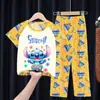 Comercio Exterior Pijamas Infantiles Primavera y Verano Manga Corta Pantalones Trajes para Niños Dibujos Animados Lindo Stitch Ropa de Casa para Niñas Ola