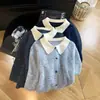 Elegante cárdigan de punto con cuello polo de estilo francés y bloques de color para mujer, nuevo top de manga larga para otoño e invierno