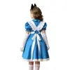 Fantasia de Performance Infantil Alice para Meninas de Halloween Avental Branco Adereço de Cabeça Azul Roupa de Empregada Vestido para Role-Playing