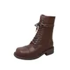 Nuevas botas de motocicleta de otoño e invierno para mujer, elegantes con hebilla de cinturón, efecto desgastado vintage, tacón grueso, caña media-alta, otoño e invierno
