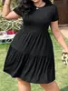 Vestido Casual Transfronteiriço Europeu e Americano com Gola Redonda, Saia Plissada em Camadas, Caimento Solto, Elegante, Adequado para Uso Diário e Férias, Vestido Curto Evasê